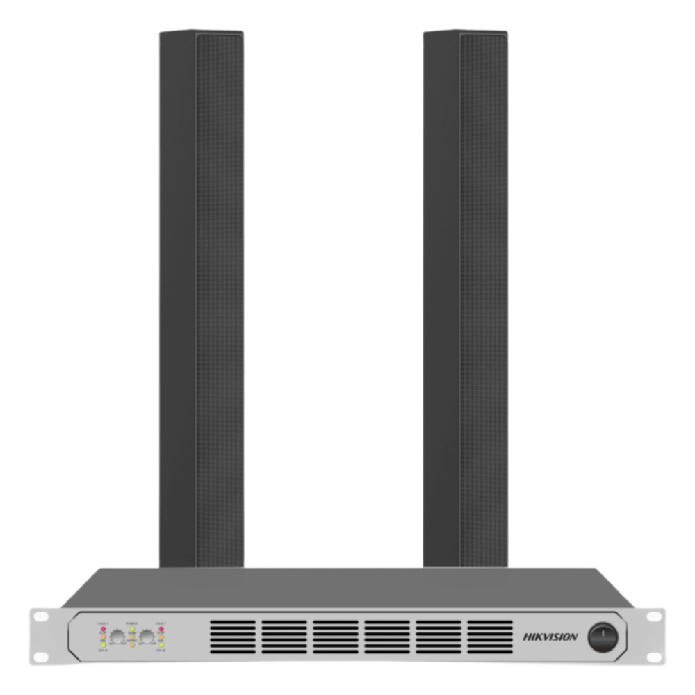 HIKVISION DSQAPKIT2 - KIT AMPLIFICADOR CLASE D / 2×250W @ 8Ω / 4 ENTRADAS XLR / 4 SALIDAS SPEAKON / 2 BOCINAS COLUMNA 15