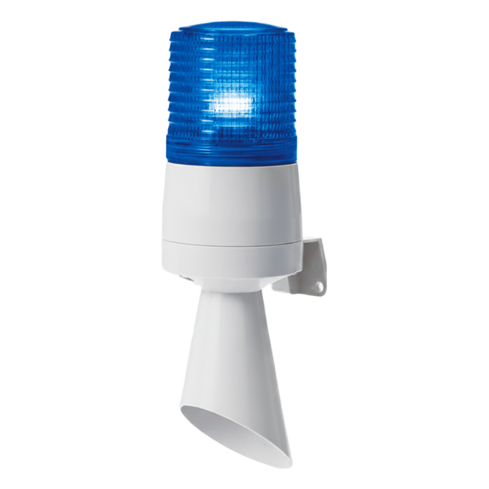 LUZ LED CON PATRONES DE DESTELLO FIJO Y DESTELLANTE CON BUZZER INCORPORADO DE ALTO VOLUMEN MÁX. 95 DB COLOR AZUL 110 VCA