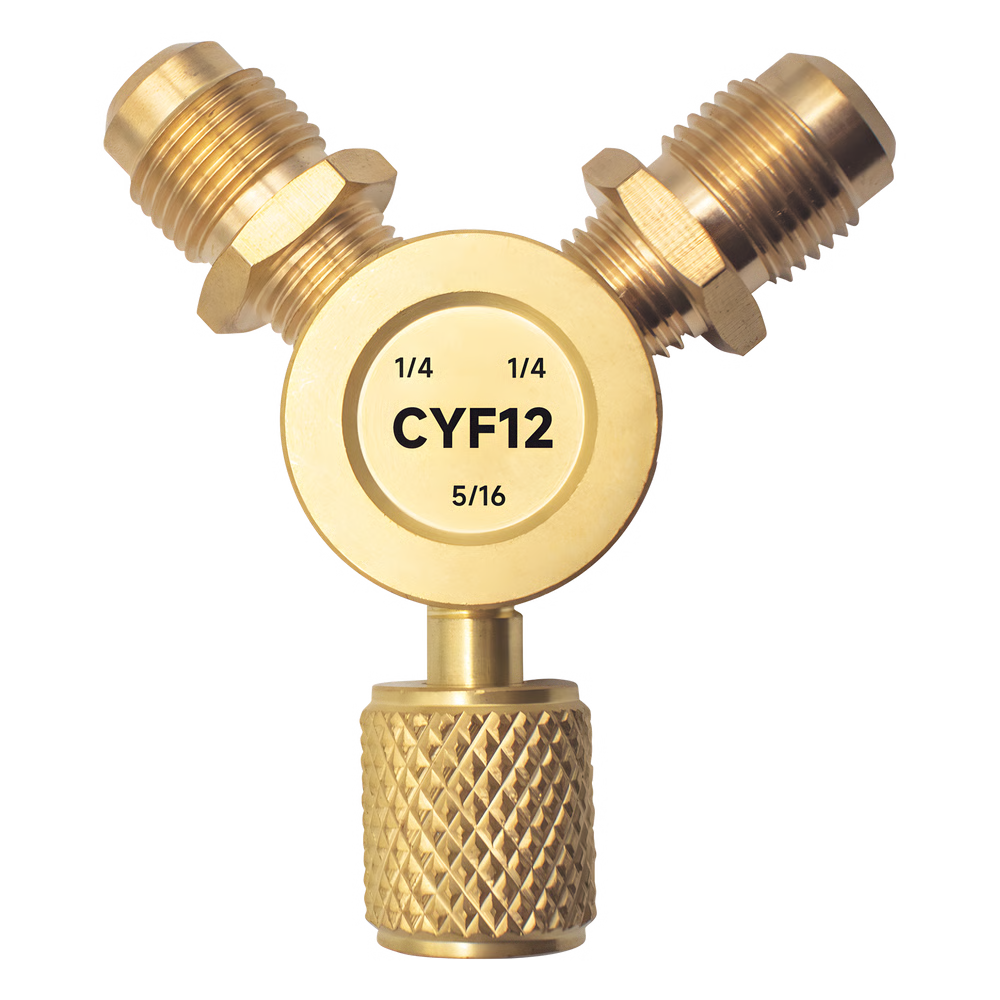 CONECTOR Y CYF12 PARA SISTEMAS DE REFRIGERACIÓN / 2 ENTRADAS 1/4" MACHO FLARE / 1 SALIDA 5/16" HEMBRA FLARE / RECUPERACIÓN RÁPIDA Y EVACUACIÓN / MATERIAL METÁLICO RESISTENTE
