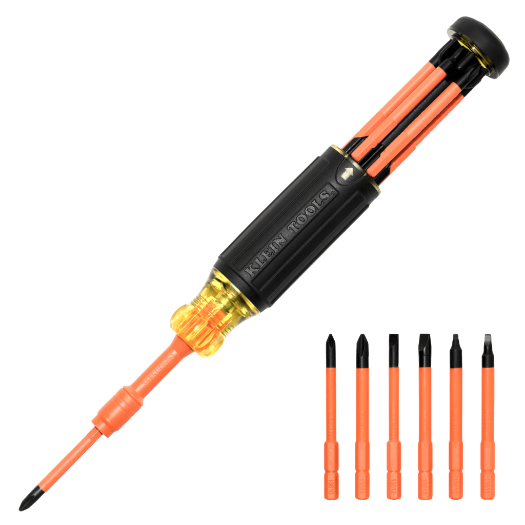 DESTORNILLADOR AISLADO 6-EN-1 AUTO-LOCK / AISLADO 1000V CAT III / ALMOHADILLA DE AGARRE / ALMACENAMIENTO DE BROCAS INTEGRADO / BITS PHILIPS #1 #2 / SLOTTED 3/16" 1/4" / SQUARE #1 #2