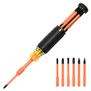 DESTORNILLADOR AISLADO 6-EN-1 AUTO-LOCK / AISLADO 1000V CAT III / ALMOHADILLA DE AGARRE / ALMACENAMIENTO DE BROCAS INTEGRADO / BITS PHILIPS #1 #2 / SLOTTED 3/16" 1/4" / SQUARE #1 #2