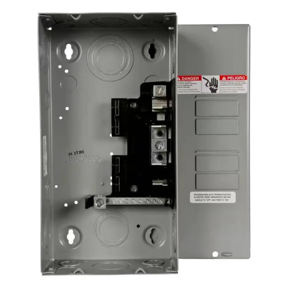 CENTRO DE CARGA MONOFÁSICO PARA SOBREPONER. 1 FASE, 3 HILOS PARA INTERRUPTORES QT, DE 4 POLOS - 8 CIRCUITOS, 120/240VCA, BARRAS DE ALUMINIO 125 AMP, NEMA 1.