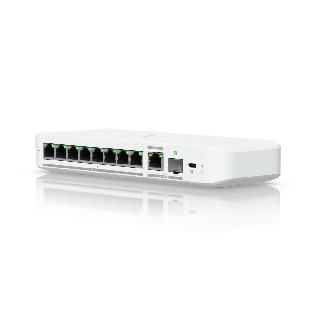 SWITCH ADMINISTRABLE UNIFI FLEX DE 8 PUERTOS 2.5G, 1 PUERTO COMBO 10G RJ45 Y 1 SFP+ 10G, COMPACTO, PARA ESCRITORIO, SE ALIMENTA POR POE+ O ADAPTADOR USB-C 5V, 3A (INCLUYE FUENTE DE ALIMENTACIÓN)