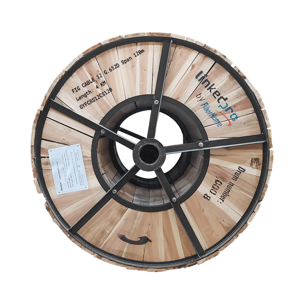 CARRETE DE 4 KM FIBRA ÓPTICA AEREA FIGURA 8 ARMADA ANTIRROEDOR G.652D, MONOMODO DE 12 HILOS, EXTERIOR,  SPAN 120