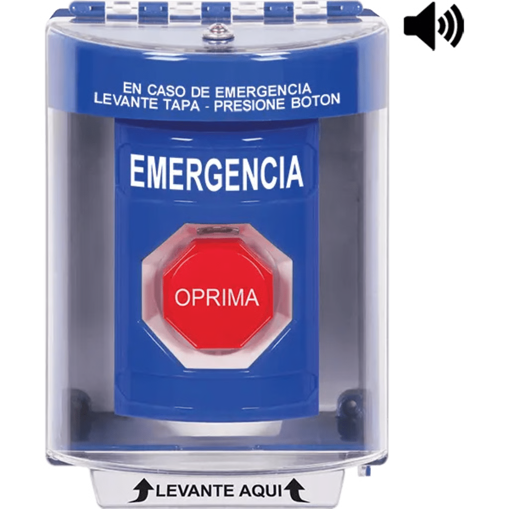 ?BOTÓN MULTIPROPÓSITO, COLOR AZUL, DE SUPERFICIE CON ESPACIADOR, C/TAPA DE POLICARBONATO, C/BOCINA PRE ALARMA, INTERIOR/EXTERIOR, LLAVE PARA RESTABLECER, TEXTO DE EMERGENCIA, ESPAÑOL
