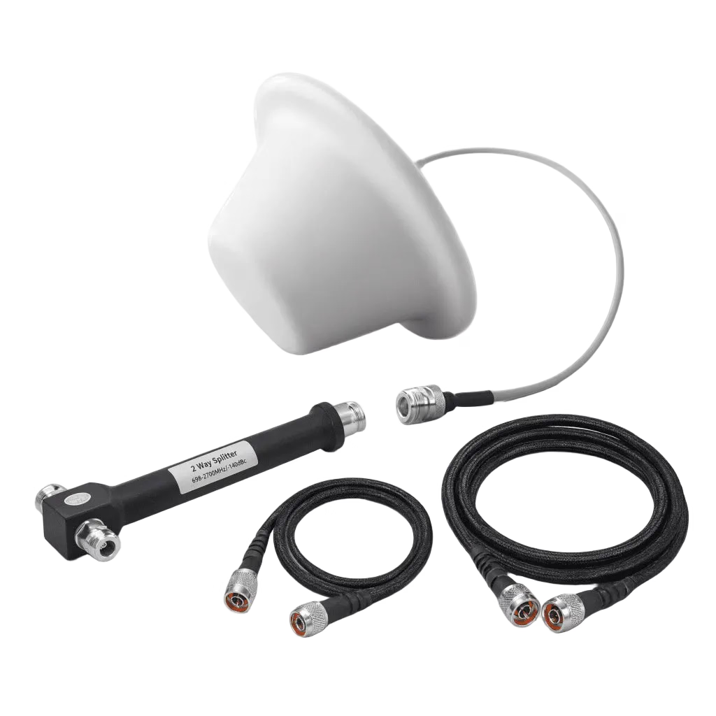 KIT DE ANTENA OMNIDIRECCIONAL TIPO DOMO Y DIVISOR DE POTENCIA DE 2 SALIDAS / JUMPERS COAXIALES DE 3 Y 15 M CON CONECTORES N MACHO