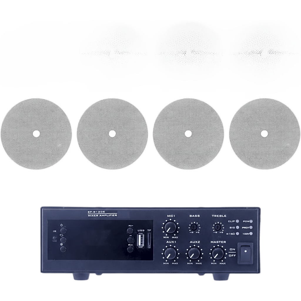 KIT DE AMPLIFICADOR DE 120W PARA ESCRITORIO | 4 ALTAVOCES DE TECHO DE 6" | 20W | SISTEMA 70/100V