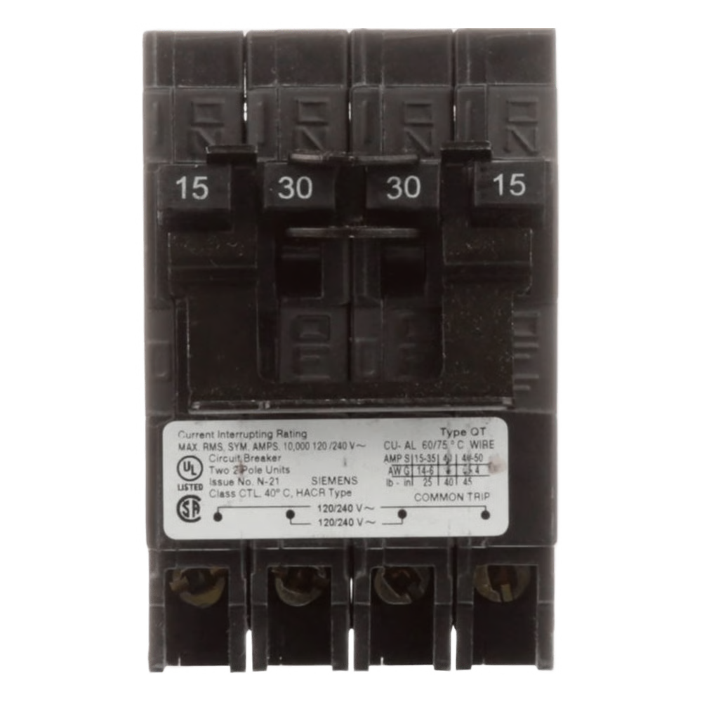 INTERRUPTOR AUTOMÁTICO CUADRUPLEX ENCHUFABLE TIPO QT 2 POLOS DOBLES, 15-15 AMP