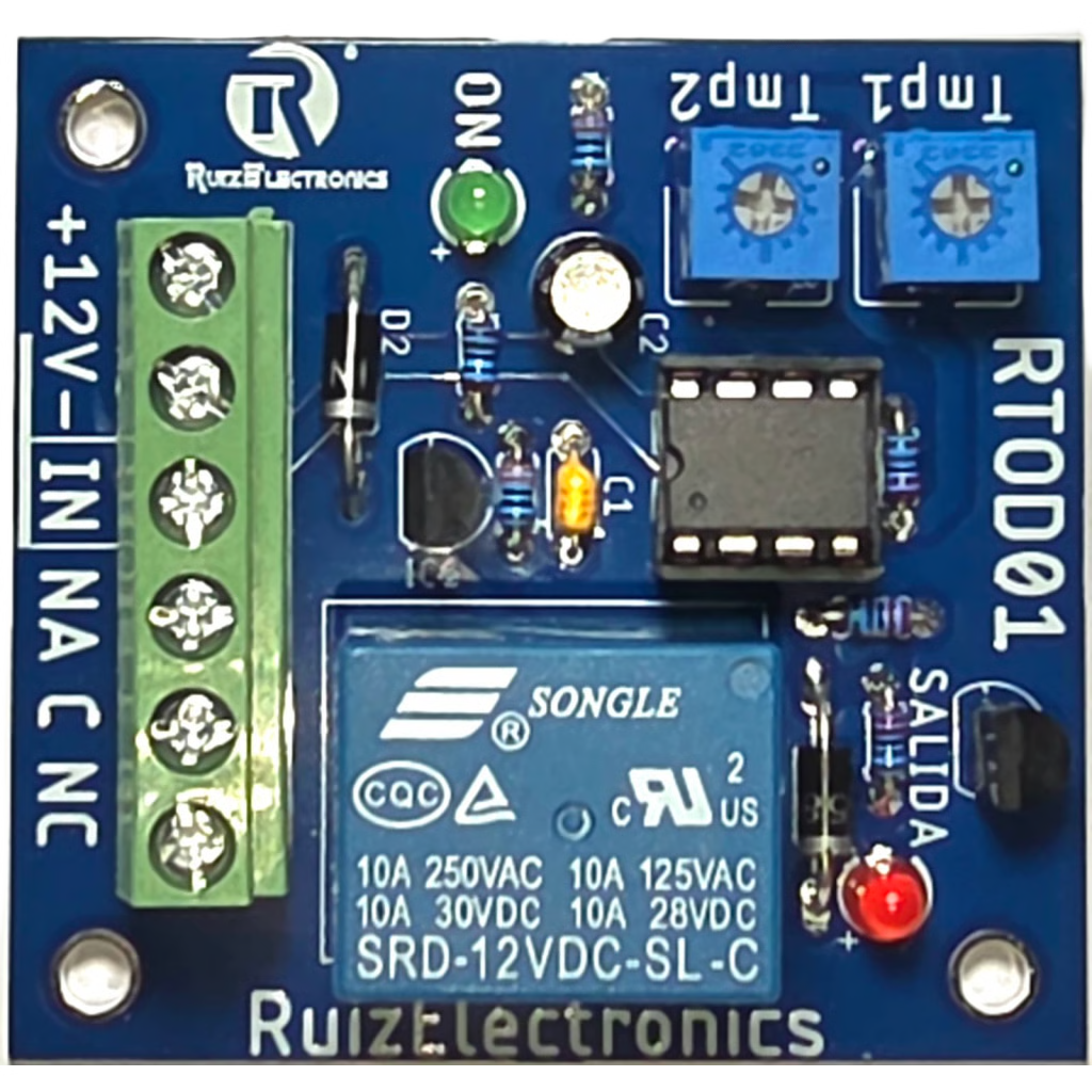 TARJETA TEMPORIZADORA RTOD01 / RETARDO 0-60 SEGUNDOS / DURACIÓN 0-60 SEGUNDOS / ALIMENTACIÓN 12VDC / SALIDA RELEVADOR NA-NC-C / INDICADORES LED
