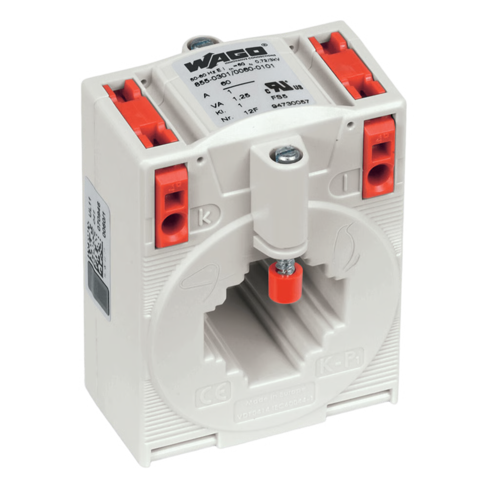 TRANSFORMADOR ENCHUFABLE DE INTENSIDAD / PRIMARIO 60 A / SECUNDARIO 1 A / POTENCIA 1.25 VA / CLASE DE PRECISIÓN 1 / CAGE CLAMP® / REDES 690 V / 1.2 KV