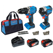 KIT HERRAMIENTA TALADRO MÁS ATORNILLADOR 20V, INCLUYE CARGADOR, 2 BATERÍAS Y BOLSA PARA TRANSPORTE.