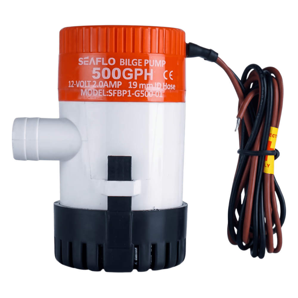 BOMBA DE ACHIQUE MARINA SUMERGIBLE ELÉCTRICA 12V / 500 GPH / NO AUTOMÁTICA / PROTECCIÓN ANTI-AIRE / SELLOS HERMÉTICOS / CABLEADO MARINO / BASE DE FILTRO REMOVIBLE
