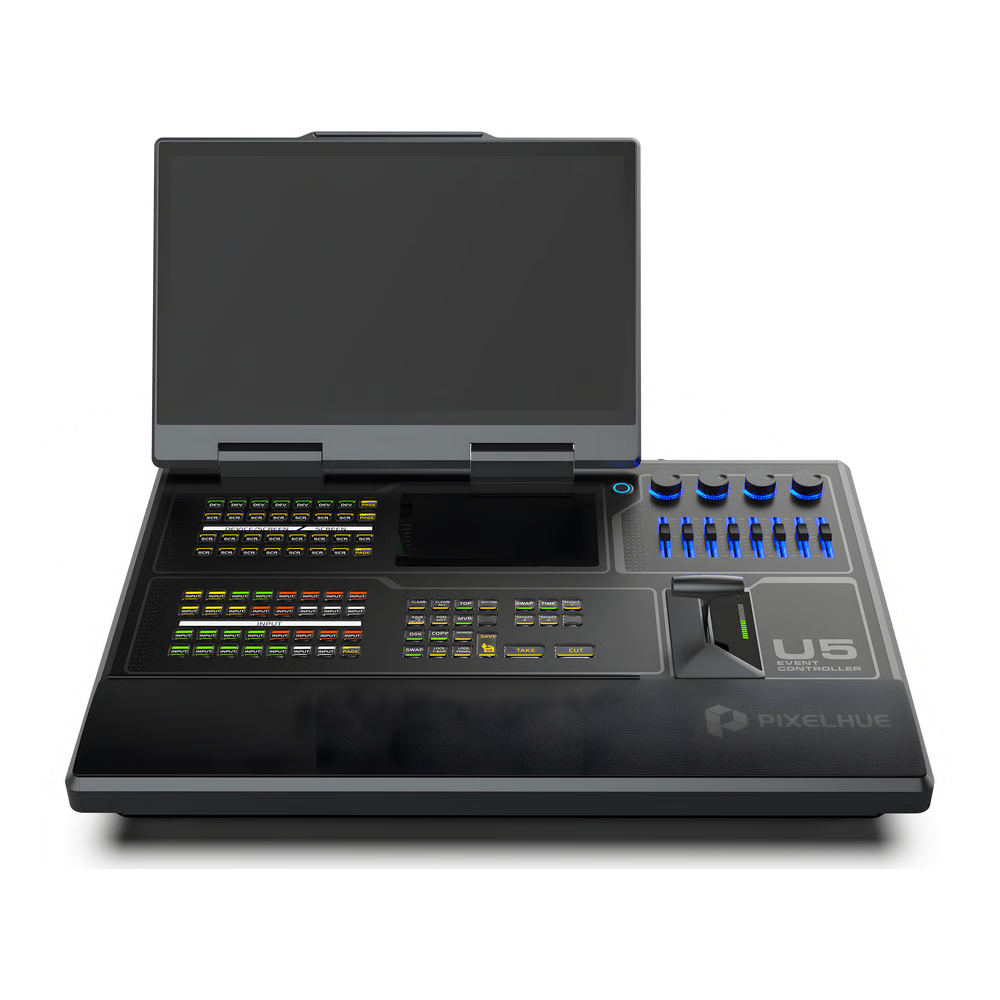 CONTROLADOR DE EVENTOS COMPACTO U5 / PANTALLA TÁCTIL PRINCIPAL 21.5" / PANTALLA INTELIGENTE 8" / 87 BOTONES LCD PROGRAMABLES / 4 ENCODERS Y 8 FADERS / CONTROL MIDI Y KVM / DISEÑO PLEGABLE / SOFTWARE PIXELFLOW / HDMI 2.0 / 12G-SDI /