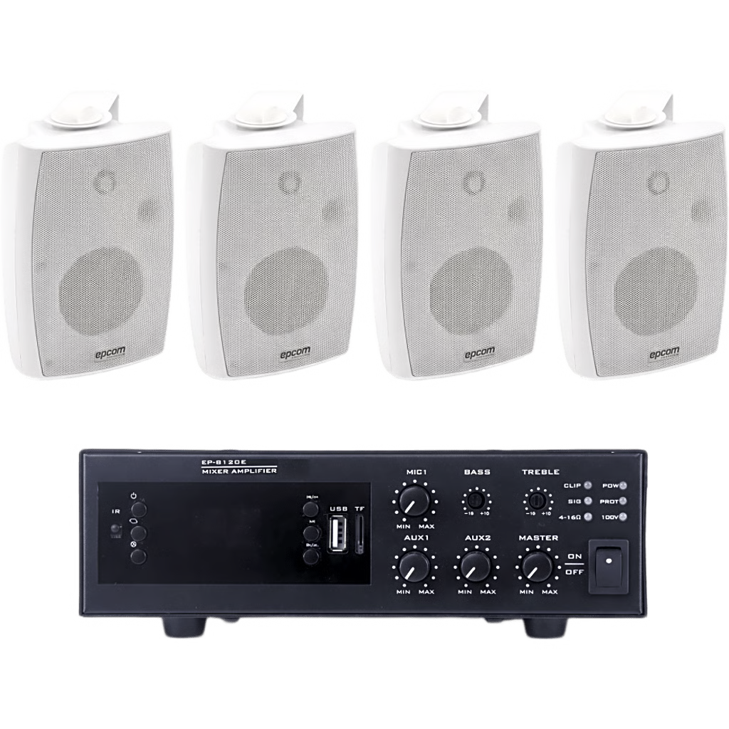 KIT DE AMPLIFICADOR DE 120W PARA ESCRITORIO | 4 ALTAVOCES DE PARED COLOR BLANCO 2.5W - 20W | SISTEMA 70/100V