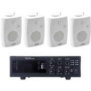 KIT DE AMPLIFICADOR DE 120W PARA ESCRITORIO | 4 ALTAVOCES DE PARED COLOR BLANCO 2.5W - 20W | SISTEMA 70/100V