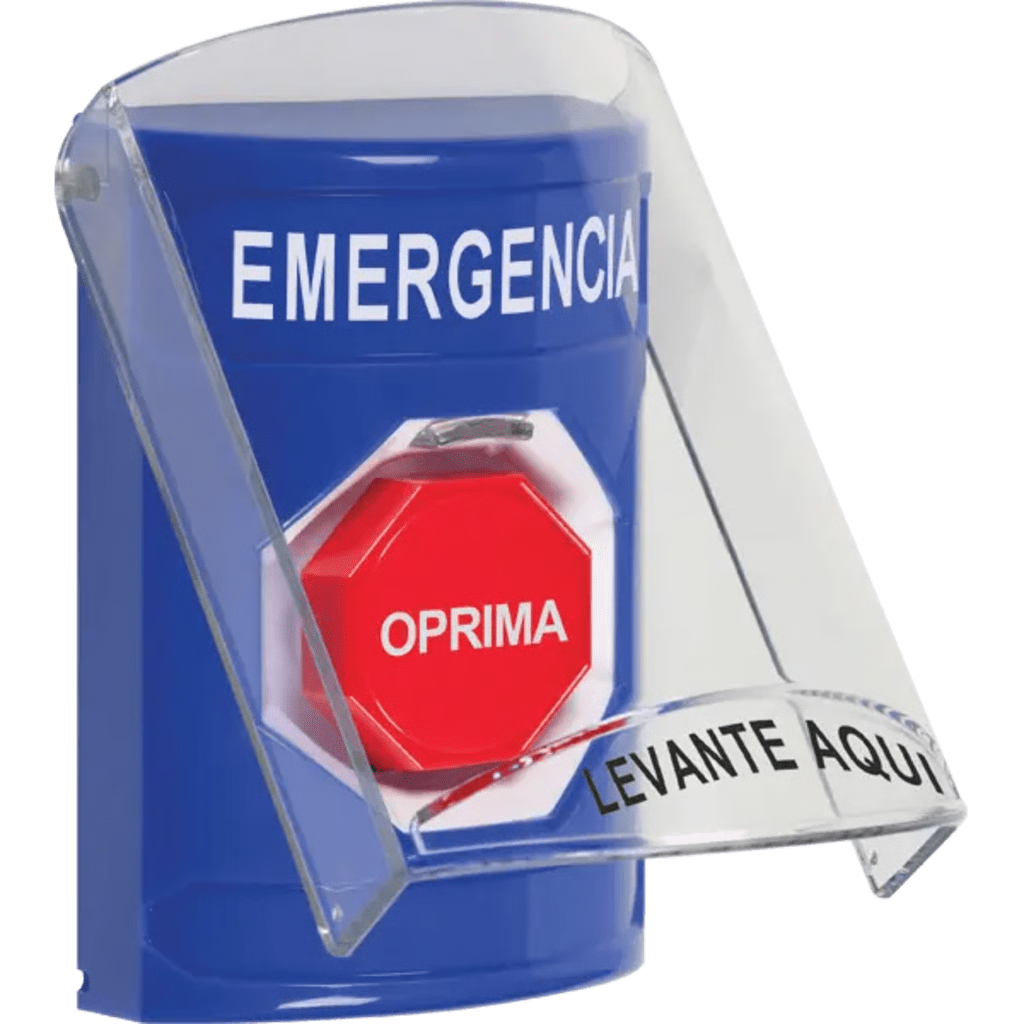 ?BOTÓN MULTIPROPÓSITO, COLOR AZUL, DE SUPERFICIE, CON TAPA DE POLICARBONATO, SIN BOCINA PRE ALARMA, SOLO INTERIOR, LLAVE PARA RESTABLECER, TEXTO DE EMERGENCIA, ESPAÑOL