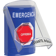 ?BOTÓN MULTIPROPÓSITO, COLOR AZUL, DE SUPERFICIE, CON TAPA DE POLICARBONATO, SIN BOCINA PRE ALARMA, SOLO INTERIOR, LLAVE PARA RESTABLECER, TEXTO DE EMERGENCIA, ESPAÑOL