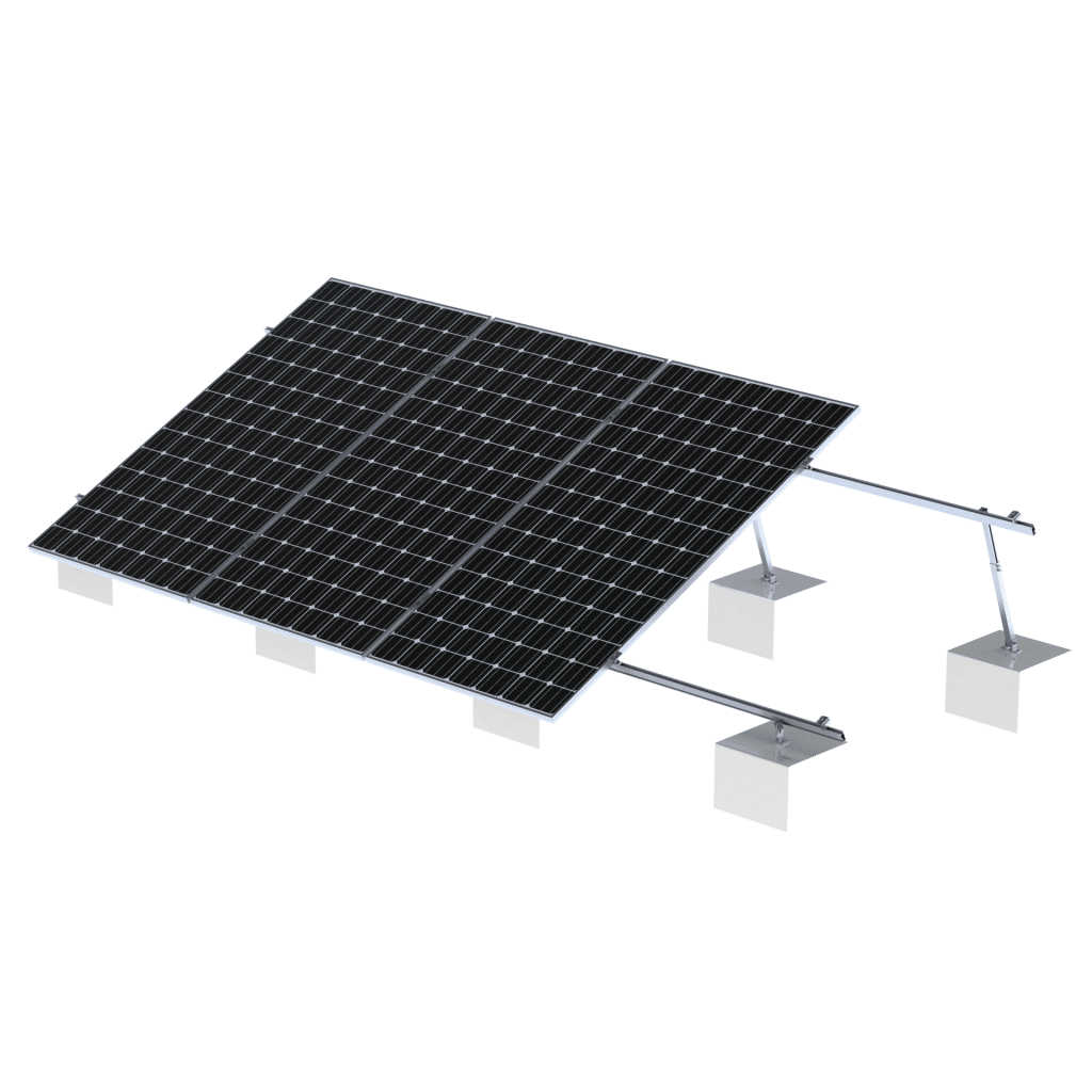 SISTEMA DE MONTAJE SOLAR VEKTOR21 / ESTRUCTURA AJUSTABLE ALUMINIO AL6005-T5 / PATAS FRONTALES Y AJUSTABLES / BASES CEMENTO PERSONALIZABLES / ÁNGULOS 10°-30° / TORQUE 11-13 NM