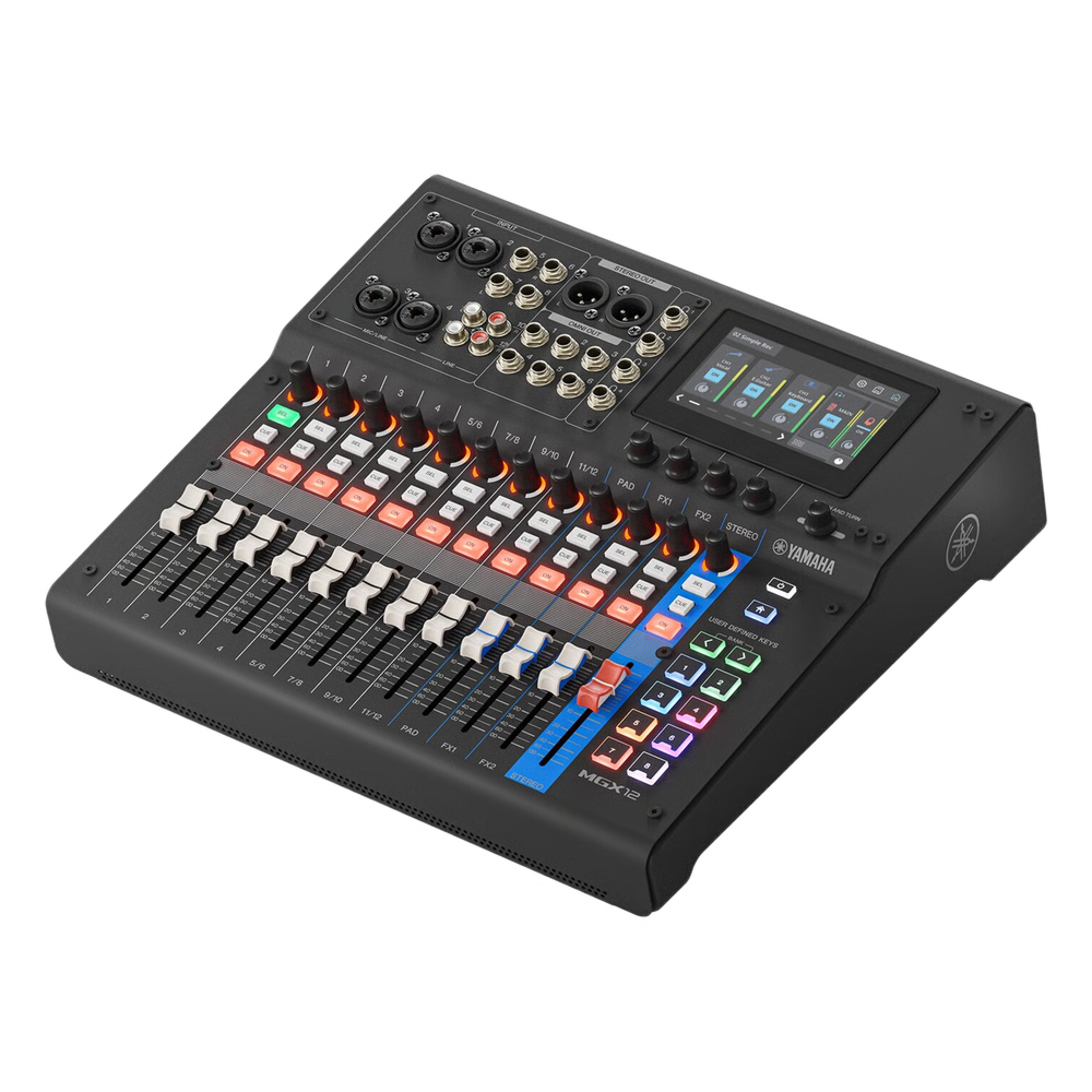 CONSOLA DIGITAL DE AUDIO | 12 CANALES | PANTALLA TÁCTIL 4.3IN | ENTRADAS DE MIC/LINE Y ESTÉREO | SALIDAS ANÁLOGAS Y USB | PADS CONFIGURABLES | DSP | ENTRADA BLUETOOTH |  GRABACIÓN MULTIPISTA | COLOR NEGRO