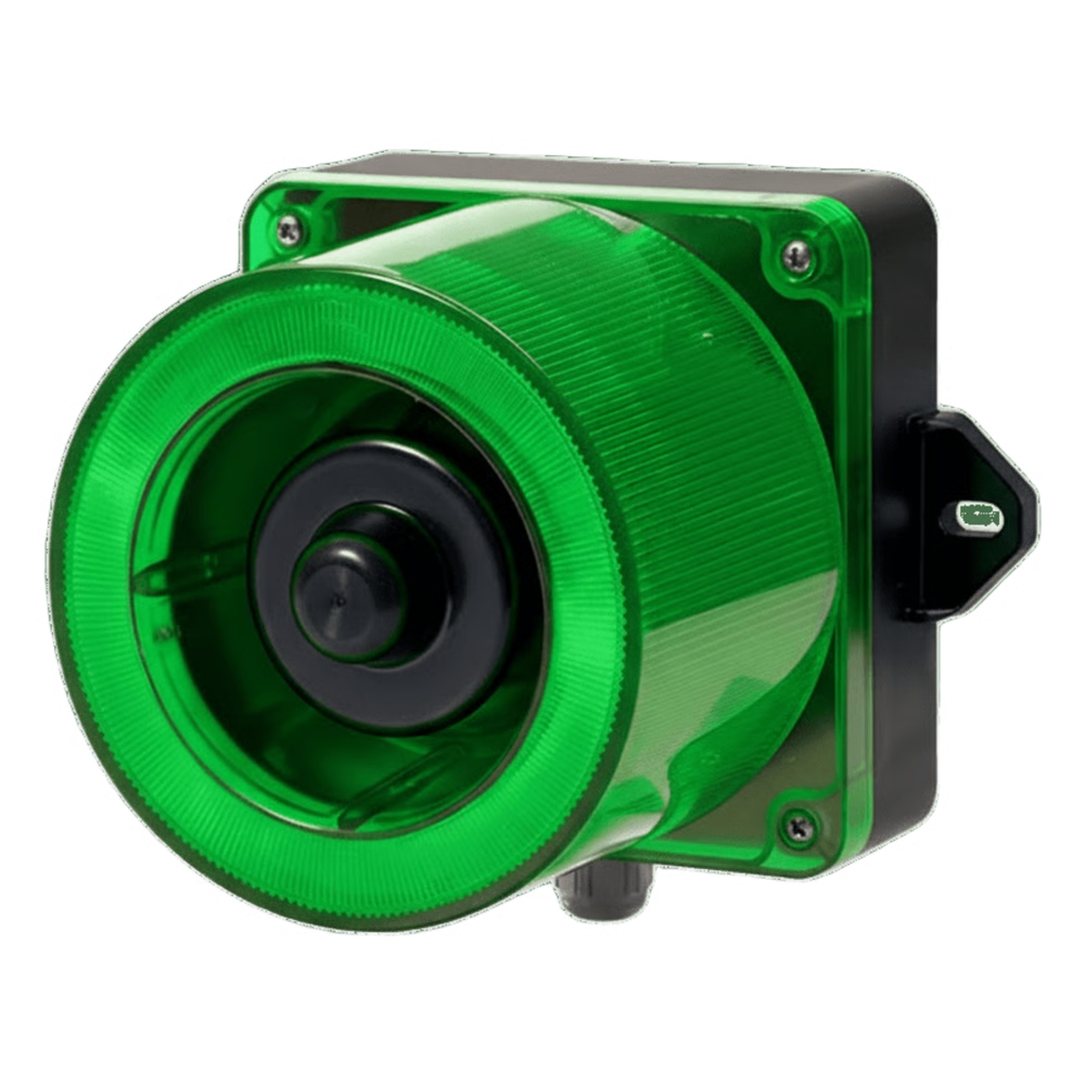 COMBINACIÓN DE BALIZA LED COLOR VERDE Y SIRENA ELECTRÓNICA DE 31 TONOS RESISTENTE A LA INTEMPERIE DE VOLUMEN MÁX. 123 DB A 110-220 VCA