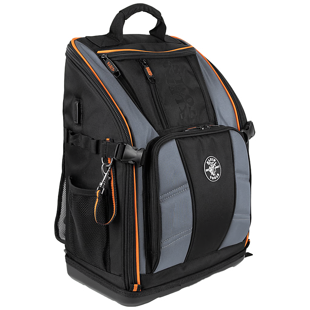 MOCHILA PROFESIONAL PARA HERRAMIENTAS / 27 BOLSILLOS / ACCESO RÁPIDO Y ESTACIÓN DE TRABAJO / BASE MOLDEADA ANCHA / INTERIOR NARANJA / USB-C / SOPORTE PARA LÁMPARA