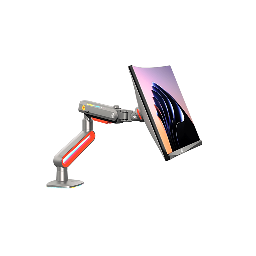 MONTAJE DE ESCRITORIO IDEAL PARA MONITORES GAMING DE 32"- 60" / CAPACIDAD DE CARGA MAXIMA 20 KG / VESA 75 X 75 - 100 X 100 / ACERO / GIRO 360° / COLOR CARBON MATE CON CUBIERTA PLASTICA COLOR ROJO / ILUMINACIÓN RGB-Monitores Pantallas y Mobiliario-NB-EPCOM-Bsai Seguridad & Controles