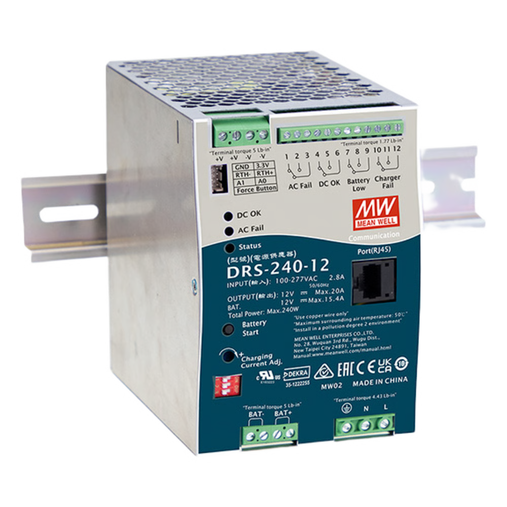 FUENTE DE PODER INDUSTRIAL DE 240W CON CARGADOR DE BATERÍAS, SALIDA 12VCC, 20A, PARA MONTAJE RIEL DIN