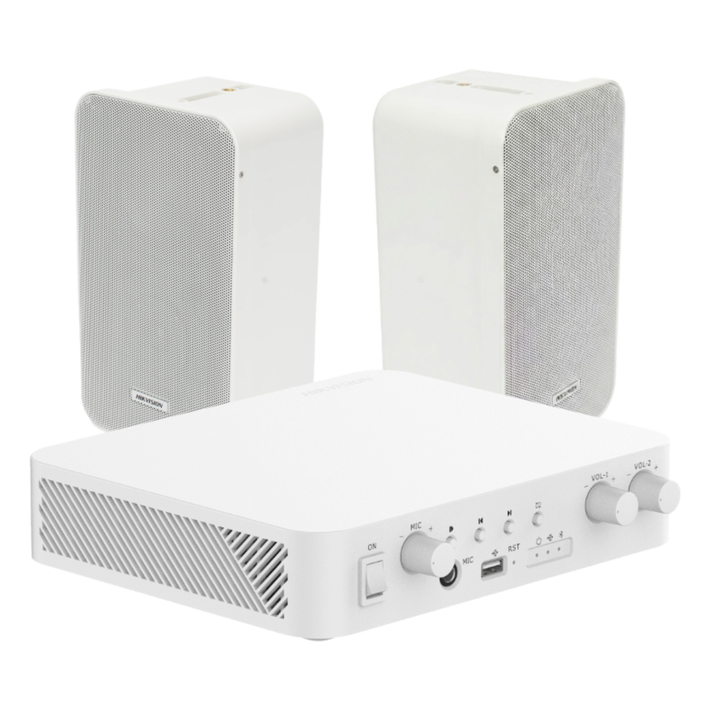 HIKVISION DS-QAE-KIT-0420G - KIT AMPLIFICADOR 100V / 2 CANALES 30W / BLUETOOTH / USB / RCA / 2 ALTAVOCES PARED 20W / IP6