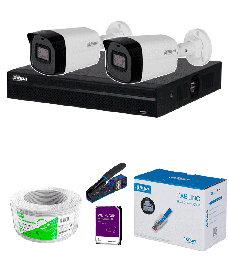 BUNDLE NVR+2BULLETIP -COMPRA 1 NVR NVR1104HS-P-S3 DE 4 CANALES Y LLÉVATE MAS 2 CÁMARAS IPC-B1E20 / BOBINA DE 100 METROS/ CAJA CON 100 PLUGS/ PINZA DE CORTE DE PLUGS/ DISCO DURO DE 1TB/ #MIPRIMERIP-Kits IP-DAHUA-Bsai Seguridad & Controles