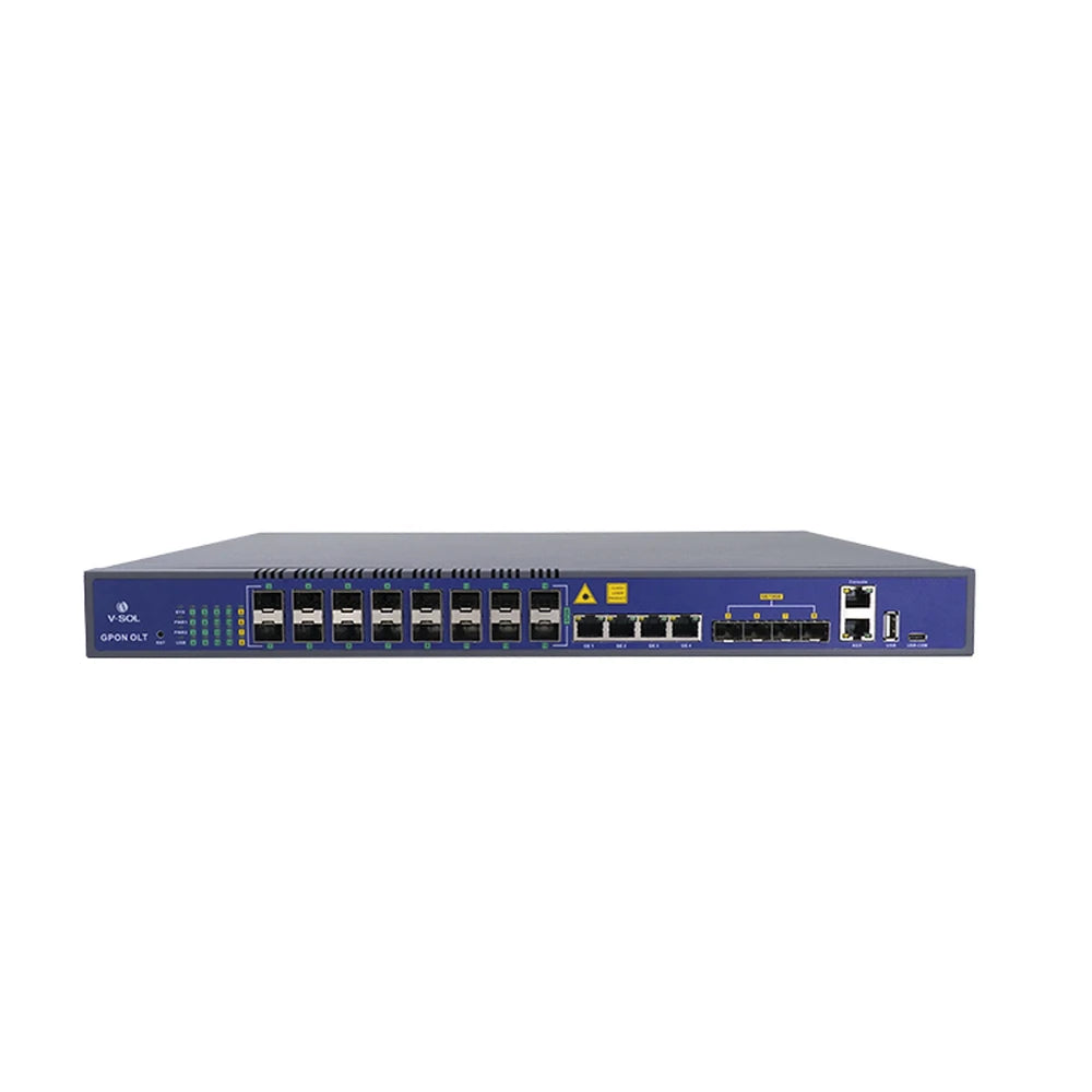OLT de 16 puertos GPON con 8 puertos Uplink (4 puertos Gigabit Ethernet + 4 puertos SFP / puertos SFP+), hasta 2,048 ONUs-Redes FTTH/PON-V-SOL-Bsai Seguridad & Controles