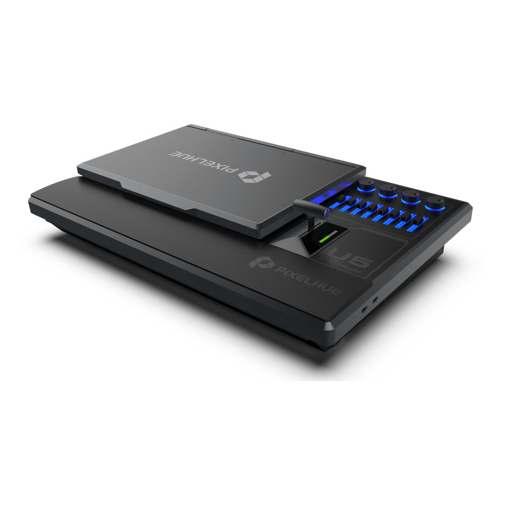 CONTROLADOR DE EVENTOS COMPACTO U5 / PANTALLA TÁCTIL PRINCIPAL 21.5" / PANTALLA INTELIGENTE 8" / 87 BOTONES LCD PROGRAMABLES / 4 ENCODERS Y 8 FADERS / CONTROL MIDI Y KVM / DISEÑO PLEGABLE / SOFTWARE PIXELFLOW / HDMI 2.0 / 12G-SDI /
