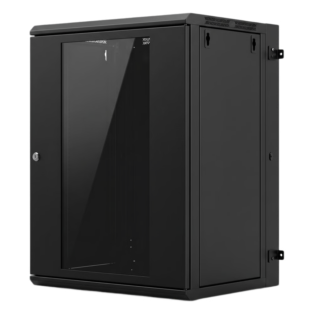 GABINETE RACKEABLE 24 UR / 19 PULGADAS / PUERTA DE CRISTAL / ACERO CALIBRES 18 Y 22 / MONTAJE EN PARED / CAPACIDAD DE CARGA 80 KG / PINTURA ELECTROESTÁTICA NEGRA / ABATIBLE 120° / LATERALES REMOVIBLES