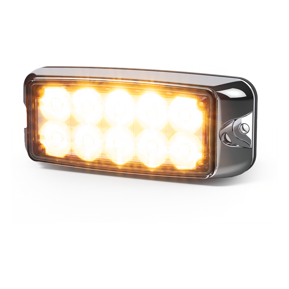LUZ DE ADVERTENCIA DE 10 LED, AMBAR/BLANCO, 5X2 PULGADAS, LENTE TRANSPARENTE, BISEL CROMADO