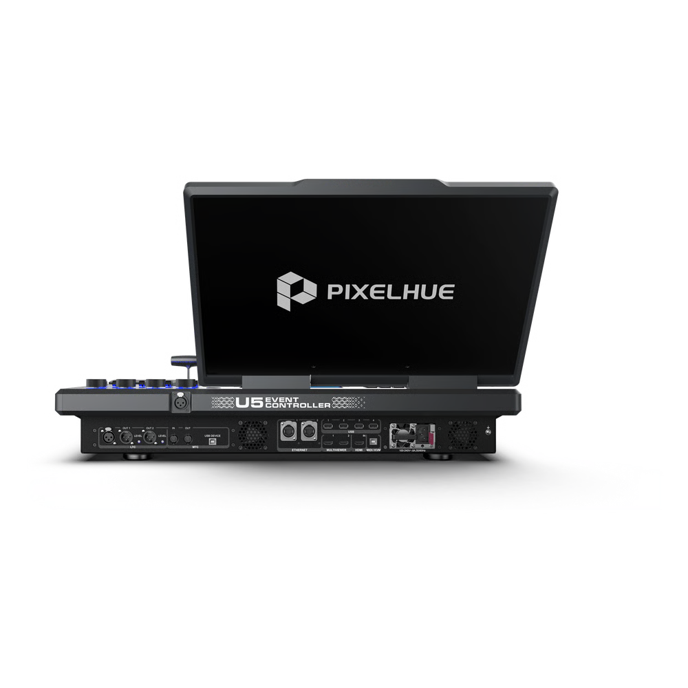 CONTROLADOR DE EVENTOS COMPACTO U5 / PANTALLA TÁCTIL PRINCIPAL 21.5" / PANTALLA INTELIGENTE 8" / 87 BOTONES LCD PROGRAMABLES / 4 ENCODERS Y 8 FADERS / CONTROL MIDI Y KVM / DISEÑO PLEGABLE / SOFTWARE PIXELFLOW / HDMI 2.0 / 12G-SDI /