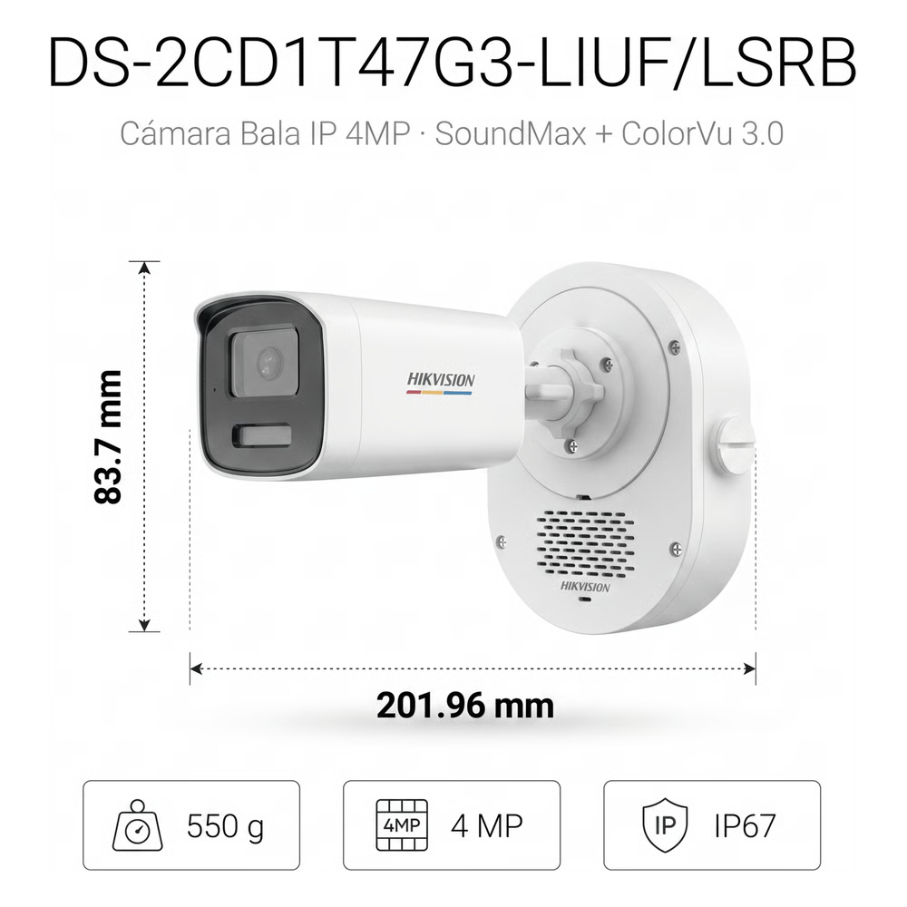[DUAL LIGHT + COLORVU] BALA IP 4 MEGAPIXEL / LENTE 4 MM / 50 MTS IR + 50 MTS LUZ BLANCA / MICRÓFONO INTEGRADO / ACUSENSE LITE / EXTERIOR IP67 / WDR 120 DB / POE / MICRO SD