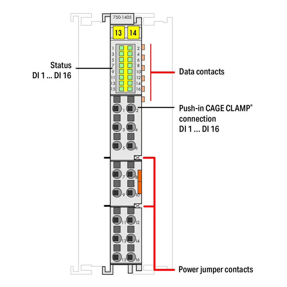 MÓDULO DE ENTRADA DIGITAL / 16 CANALES / 24 VDC / FILTRO RC 3 MS / PUSH-IN CAGE CLAMP® / AISLAMIENTO 500 V / IP20 / DIN-RAIL