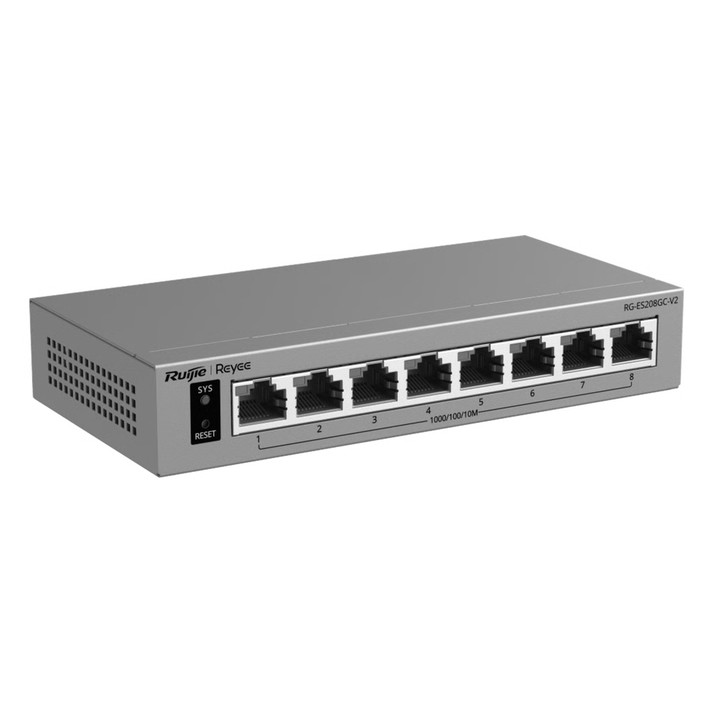 SWITCH GIGABIT SMART CLOUD-MANAGED / 8 PUERTOS 10/100/1000BASE-T / CAPA 2 / SWITCHING 16 GBPS / AI-POWERED FAILOVER / MODO CCTV UN-CLICK / GESTIÓN CLOUD RUIJIE & APP REYEE / DISEÑO FANLESS / GABINETE METAL / PROTECCIÓN SURGE 6 KV