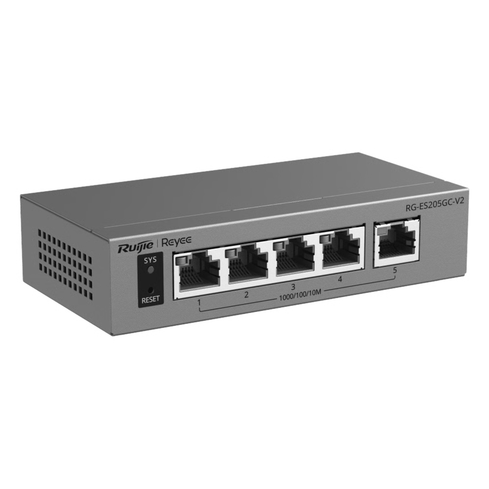 SWITCH CAPA 2 GESTIONADO EN LA NUBE / 5 PUERTOS GIGABIT / SWITCHING 10 GBPS / FORWARDING 7.44 MPPS / DISEÑO SIN VENTILADOR / PROTECCIÓN 6 KV / MODO CCTV DE UN CLIC / 32 VLANS / GABINETE METÁLICO / RUIJIE CLOUD