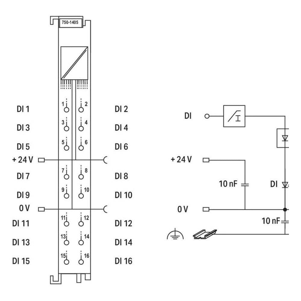 MÓDULO DE ENTRADA DIGITAL / 16 CANALES / 24 VDC / FILTRO RC 3 MS / PUSH-IN CAGE CLAMP® / AISLAMIENTO 500 V / IP20 / DIN-RAIL