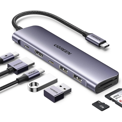HUB USB-C (DOCKING STATION) 7 EN 1 / 2 USB-A 3.0 / 1 USB-C 3.0 (5GBPS) / 1 USB-C PD CARGA 100W / HDMI 4K / LECTOR TARJETAS SD + MICRO SD (TF) (USO SIMULTÁNEO) / CABLE TRENZADO DURADERO / CAJA DE ALUMINIO.-Accesorios Generales-UGREEN-15214-Bsai Seguridad & Controles