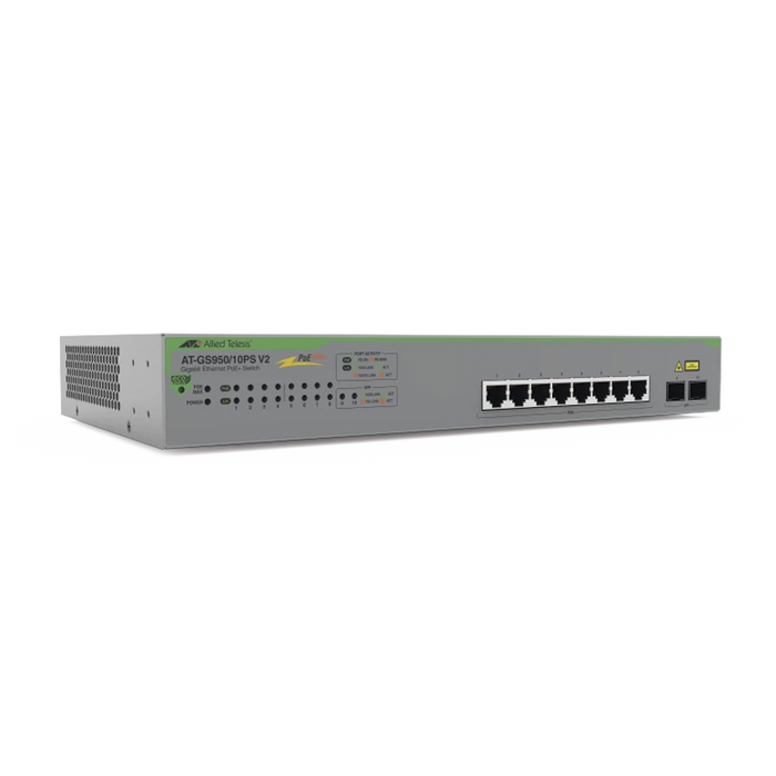 SWITCH POE+ GIGABIT WEBSMART DE 10 PUERTOS 10/100/1000 MBPS (2 X COMBO) + 2 PUERTOS GIGABIT SFP (COMBO), 75 W-Networking-ALLIED TELESIS-AT-GS950/10PS-V2-10-Bsai Seguridad & Controles