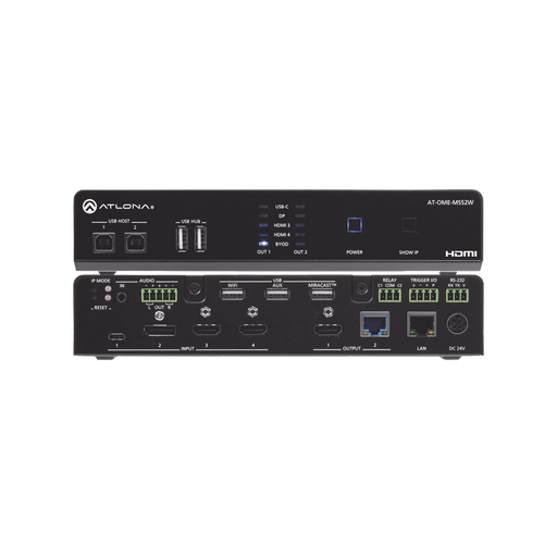 OMEGA 5X2 4K/UHD MULTIFORMAT MATRIX SWITCHER, WITH WIRELESS CASTING ,HDMI, USB-C, DISPLAY PORT, AND USB PASS THROUGH OVER HDBASET FOR EUROPE-VoIP - Telefonía IP - Videoconferencia-ATLONA-AT-OME-MS52W-EU-Bsai Seguridad & Controles
