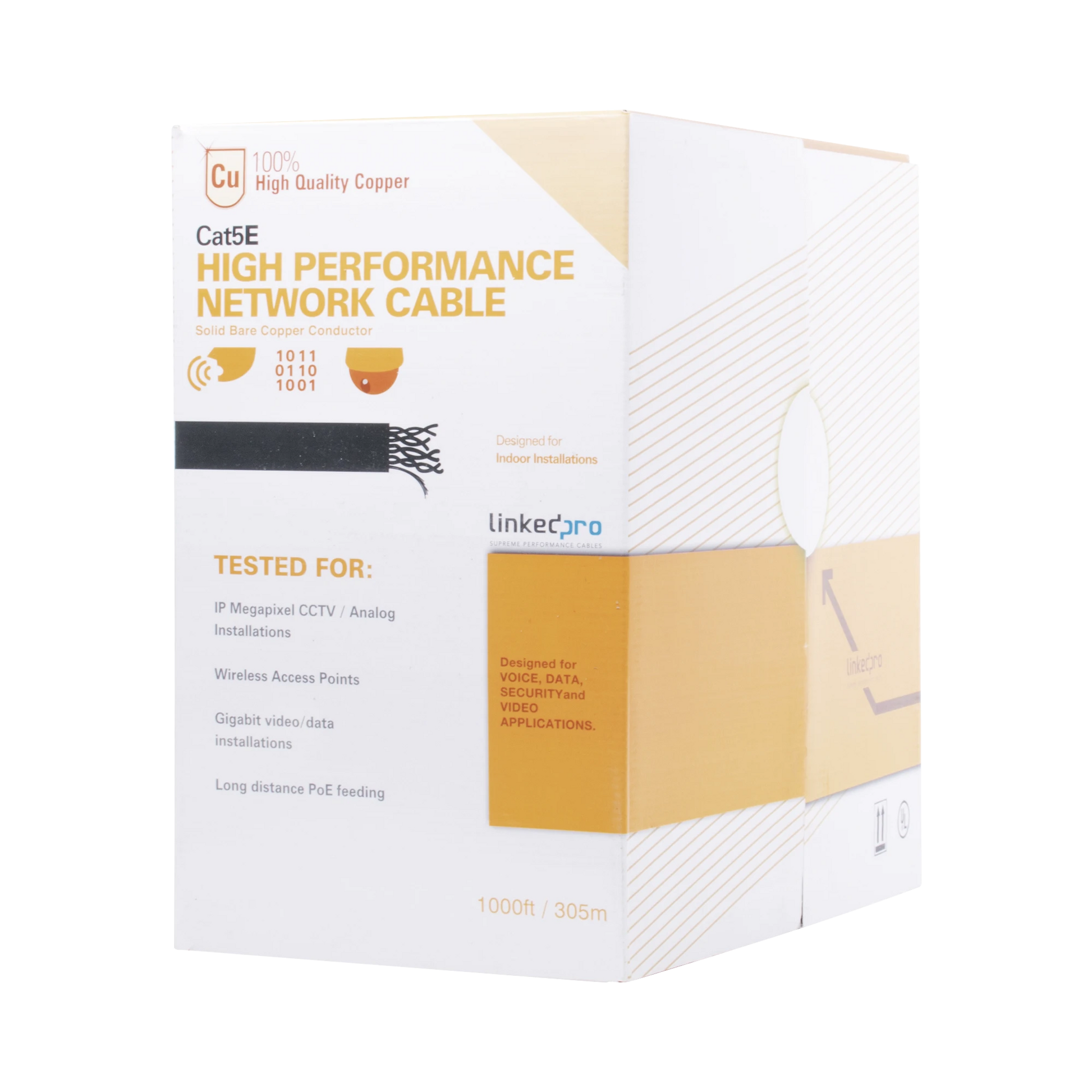 BOBINA DE CABLE DE 305 M (1000 FT) CAT5E DE ALTO DESEMPEÑO; COLOR NARANJA , SUPER FLEXIBLE, UL, PARA APLICACIONES EN CÁMARAS IP MEGAPIXEL, APLICACIONES DE CCTV, DATOS DE ALTA VELOCIDAD-Cableado-LINKEDPRO-Bsai Seguridad & Controles