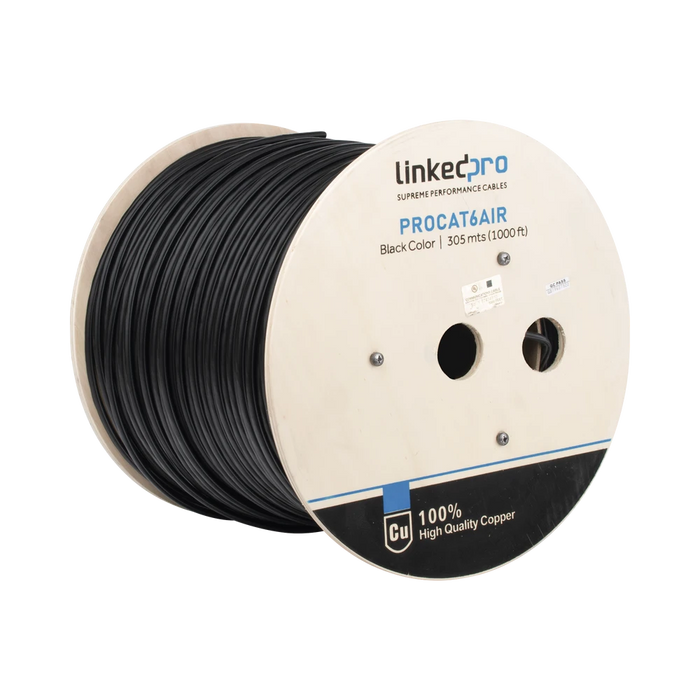 BOBINA DE CABLE FTP CON MENSAJERO DE ACERO DE 305 M CAT6+ CALIBRE 23, COLOR NEGRO, PARA APLICACIONES EN CCTV Y REDES DE DATOS / USO EN INTEMPERIE Y APLICACIONES AÉREAS-Cableado-LINKEDPRO-Bsai Seguridad & Controles