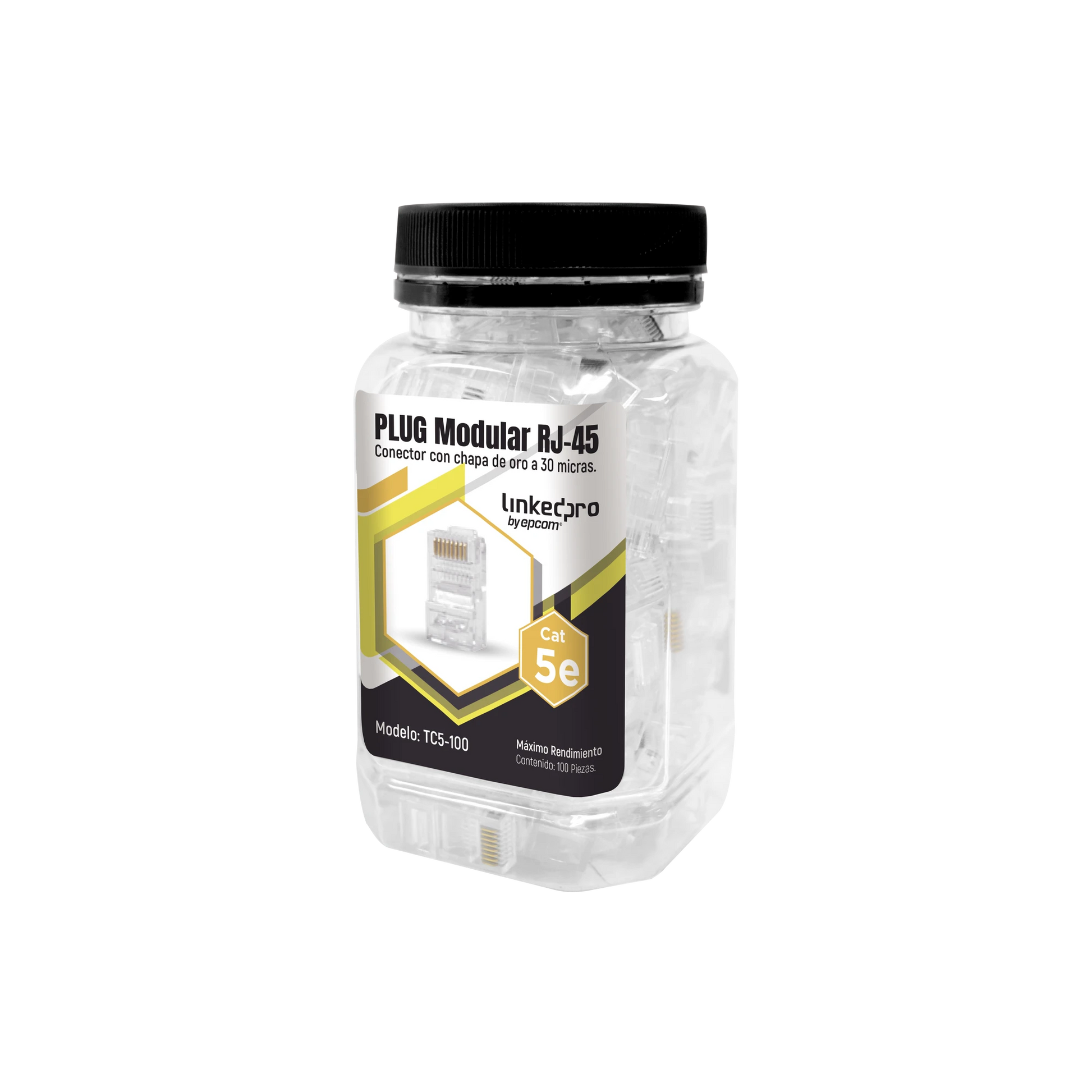 BOTE CON 100 PIEZAS DE PLUG MODULAR RJ45 CAT5E SIN BLINDAJE, CHAPADO DE ORO A 30 MICRAS PARA DURABILIDAD EXTREMA-Jacks / Plugs-LINKEDPRO BY EPCOM-Bsai Seguridad & Controles