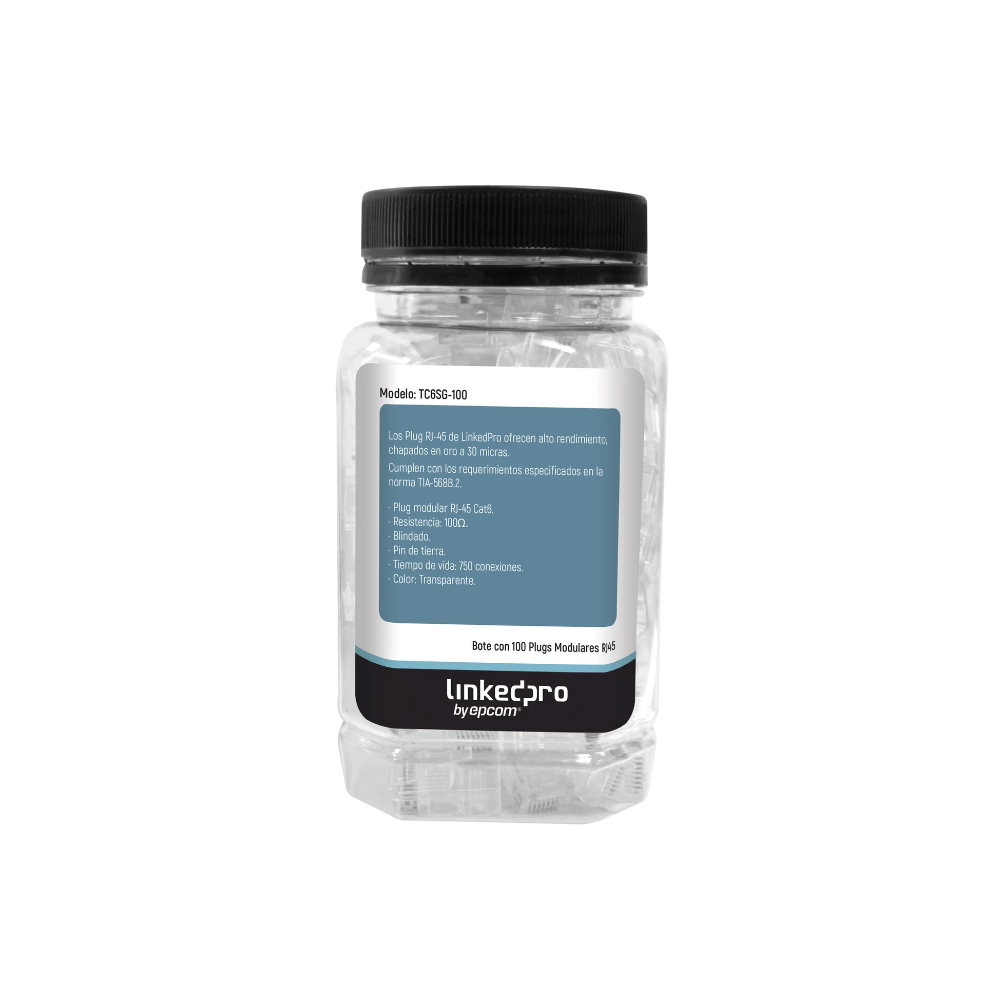 BOTE CON 100 PIEZAS DE PLUG MODULAR RJ45 CAT6 BLINDADO CON PIN DE TIERRA, CHAPADO DE ORO A 30 MICRAS PARA DURABILIDAD EXTREMA-Jacks / Plugs-LINKEDPRO BY EPCOM-Bsai Seguridad & Controles