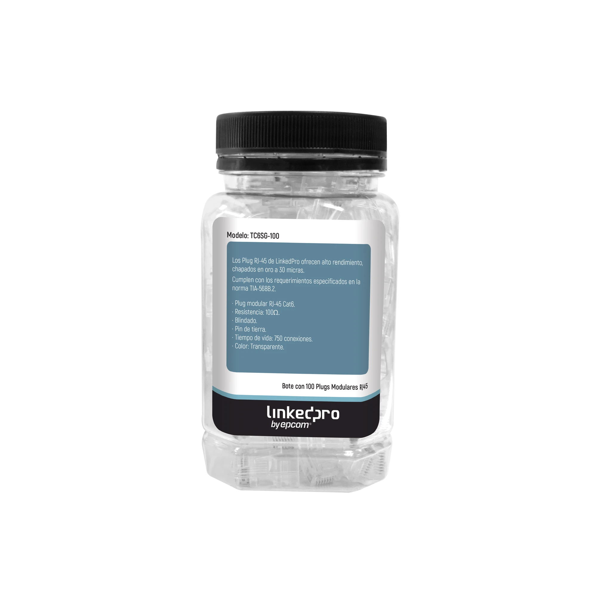 BOTE CON 100 PIEZAS DE PLUG MODULAR RJ45 CAT6 BLINDADO CON PIN DE TIERRA, CHAPADO DE ORO A 30 MICRAS PARA DURABILIDAD EXTREMA-Jacks / Plugs-LINKEDPRO BY EPCOM-Bsai Seguridad & Controles