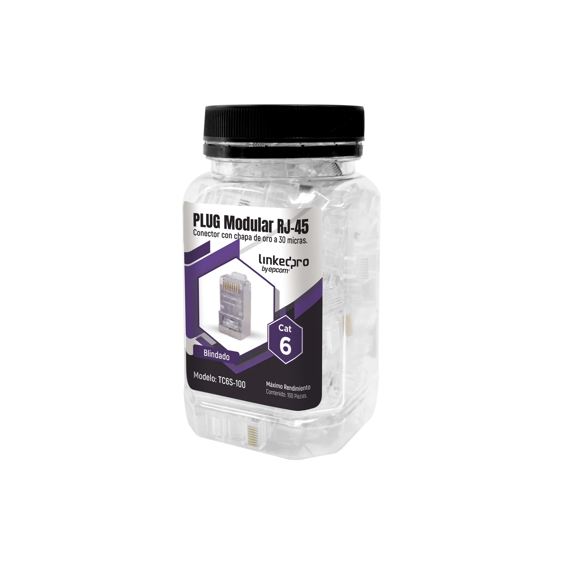 BOTE CON 100 PIEZAS DE PLUG MODULAR RJ45 CAT6 BLINDADO, CHAPADO DE ORO A 30 MICRAS PARA DURABILIDAD EXTREMA SIN PIN DE TIERRA-Jacks / Plugs-LINKEDPRO BY EPCOM-Bsai Seguridad & Controles