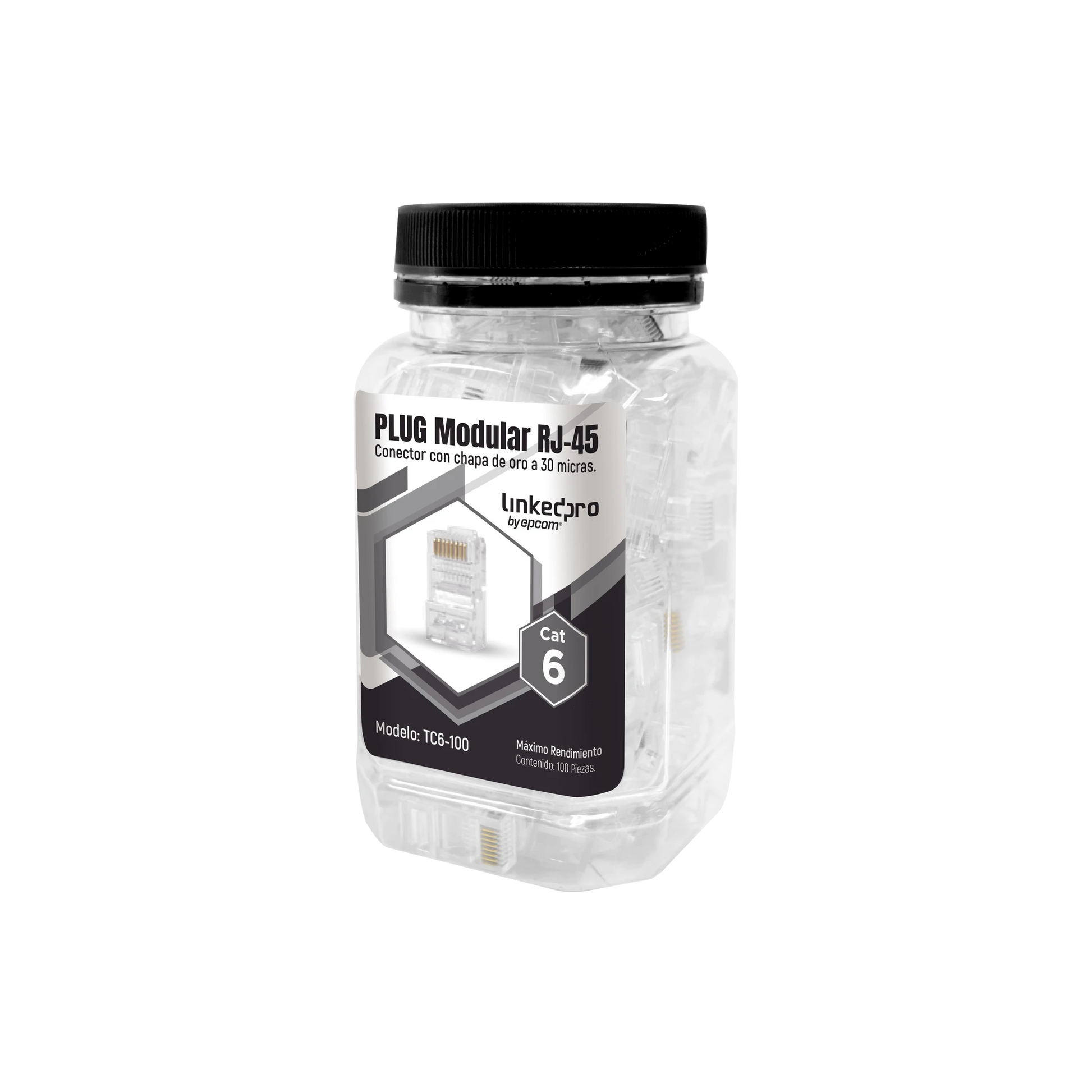 BOTE CON 100 PIEZAS DE PLUG MODULAR RJ45 CAT6 SIN BLINDAJE, CHAPADO DE ORO A 30 MICRAS PARA DURABILIDAD EXTREMA-Jacks / Plugs-LINKEDPRO BY EPCOM-Bsai Seguridad & Controles