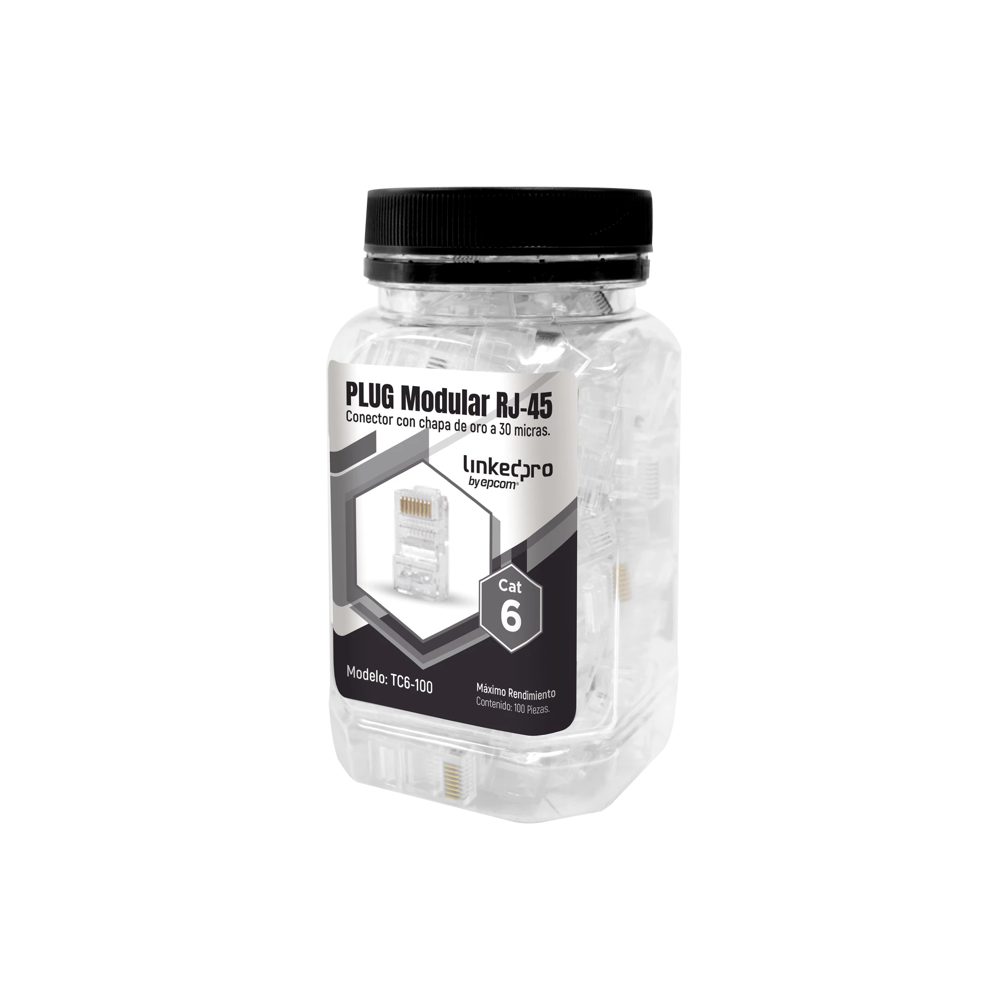 BOTE CON 100 PIEZAS DE PLUG MODULAR RJ45 CAT6 SIN BLINDAJE, CHAPADO DE ORO A 30 MICRAS PARA DURABILIDAD EXTREMA-Jacks / Plugs-LINKEDPRO BY EPCOM-Bsai Seguridad & Controles